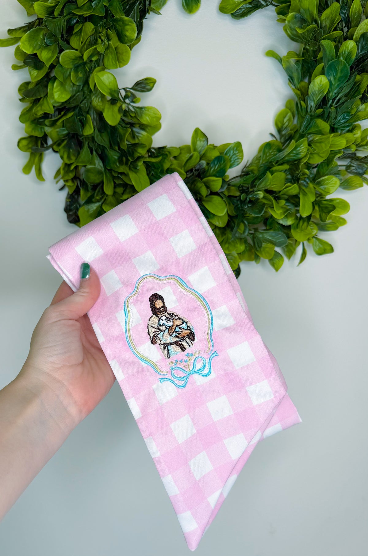 Jesus & Lamb Pink Gingham Wreath Sash