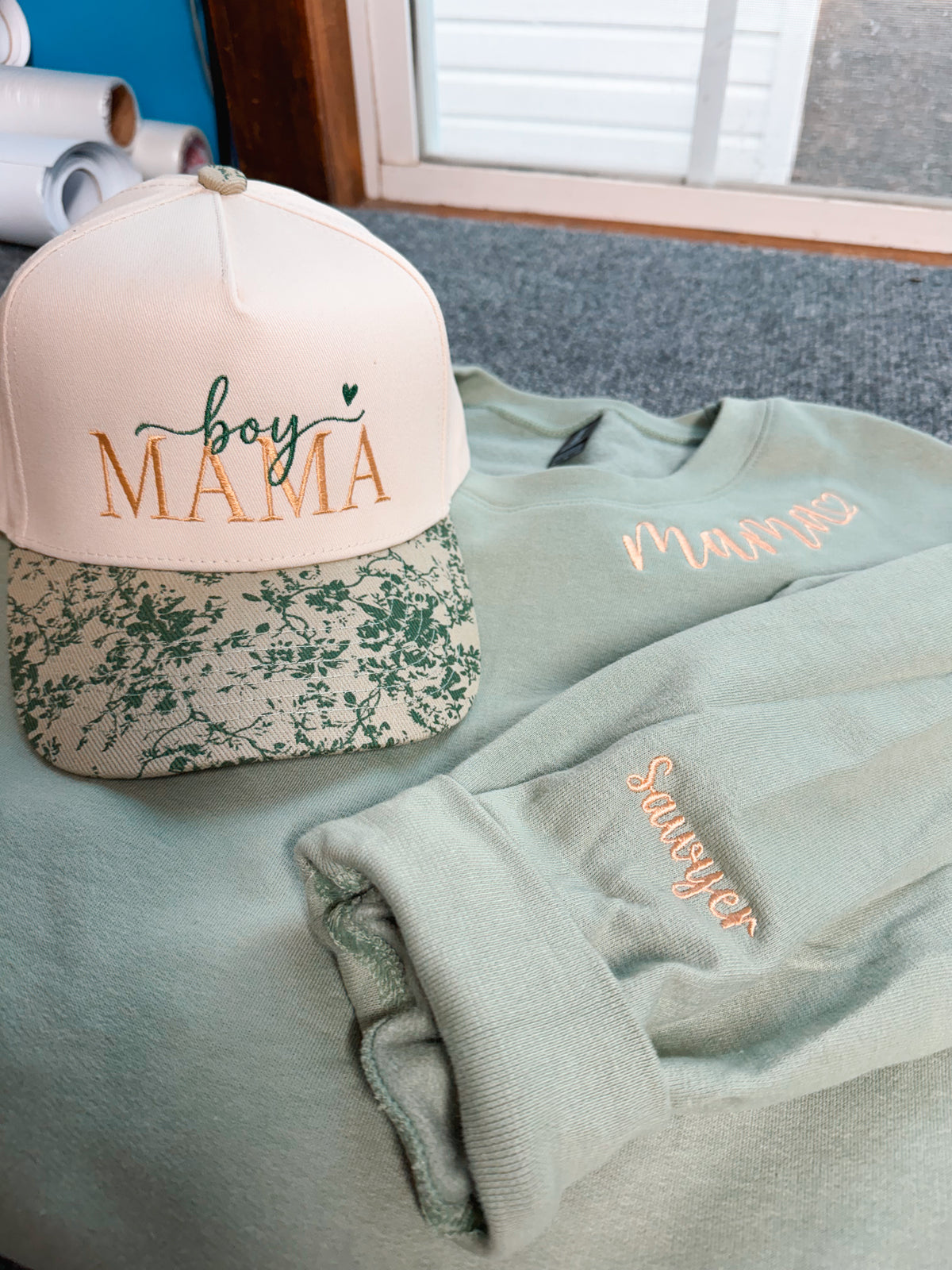 Personalized Mama Hat and Sweatshirt w/ Name on Sleeve