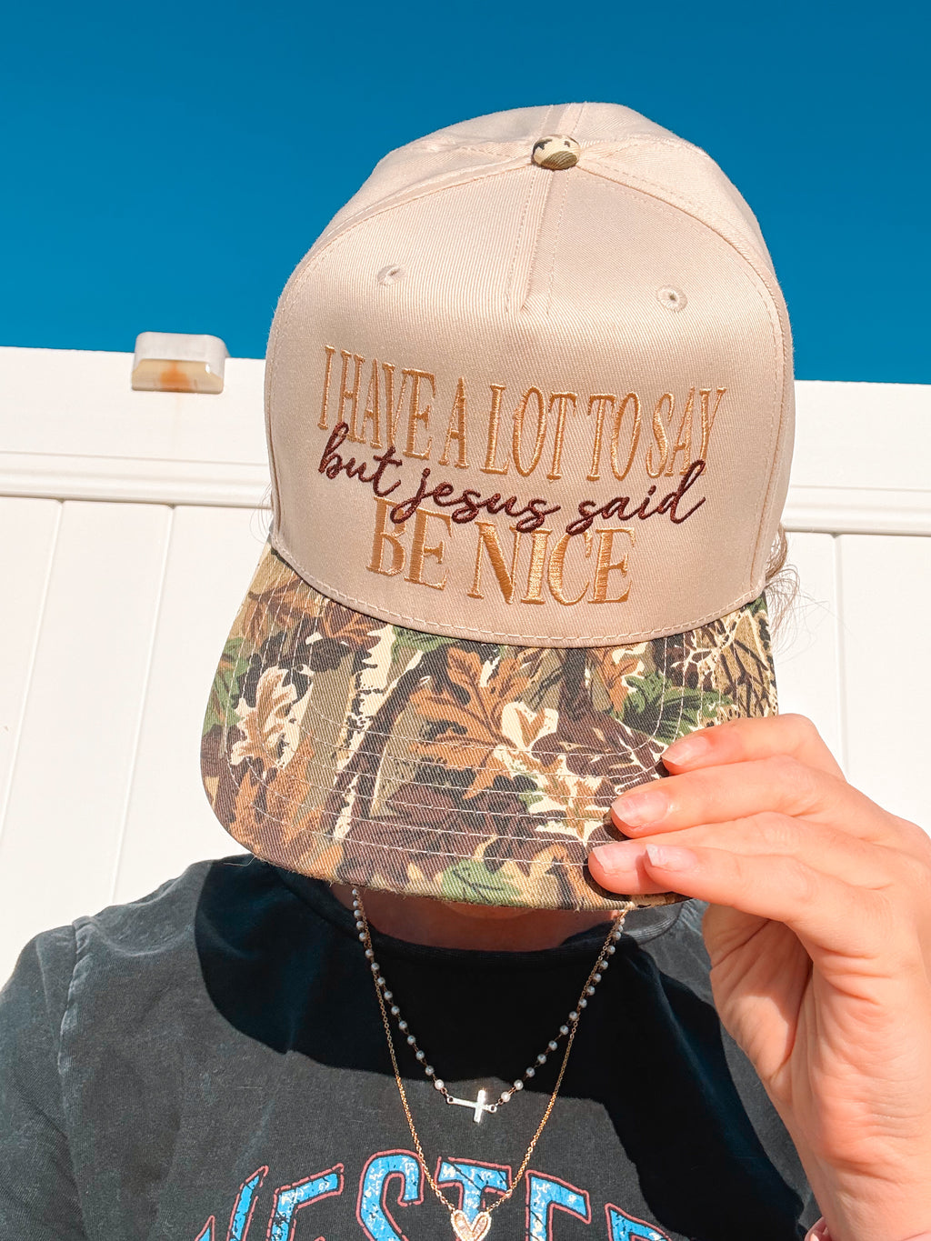 I Have A Lot To Say But Jesus Said Be Nice Camo Trucker Hat
