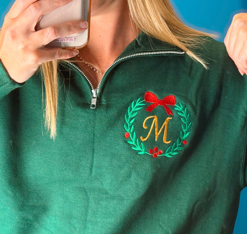 Christmas Wreath Initial Quarter Zip