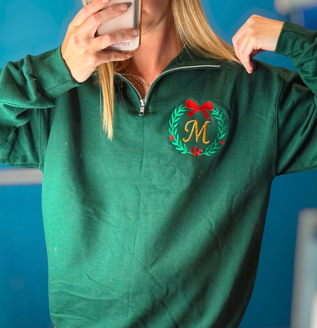 Christmas Wreath Initial Quarter Zip